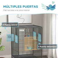 PawHut Jaula para Pájaros con Ruedas con Comederos Perchas Columpio Estante y Bandeja Extraíble 48x46x78 cm Gris(m-4)