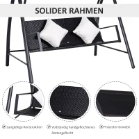 Outsunny 3-Sitzer Hollywoodschaukel Schaukel Polyrattan Metall mit Kissen belastbar bis 360kg Neu (Schwarz)(m-5)
