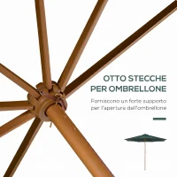 Outsunny Ombrellone da Giardino 3x2.5 m con Apertura a Corda, 8 Stecche, in Legno e Poliestere Verde Scuro(m-7)