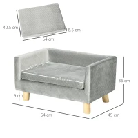 PawHut Canapea pentru câini și pisici stil scandinav cu pernă din catifea și lemn, 64x45x36cm, gri(m-3)