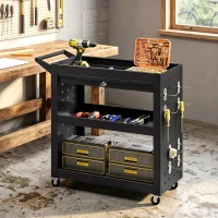 HOMCOM Tool Cart with Lockable Wheels, Rolling Workshop Cart with 3-Tier Trays, Drawer, Pegboards, Black(m-9)
