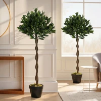 Outsunny Artificial Bay Laurel Topiary Trees with Twisted Trunk, Realistic Lush Topiary Ball Tree with Weighted Pot, Set of 2(m-7)