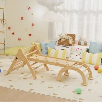 AIYAPLAY Triangle d'escalade enfants 8 en 1 avec rampe double face, arc d'escalade en bois avec toboggan & échelle, naturel(m-10)