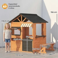 AIYAPLAY Casita Infantil Exterior e Interior de Madera con Cocina de Juguete y Banco de Picnic Ventanas de Servicio Marrón(m-3)