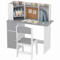 AIYAPLAY Bureau Enfant avec Chaise, Table d'Étude, Support de Tablette Réglable, Porte-Stylos, Panneau en Liège, 5-12 ans, Gris(m-18)