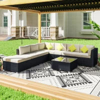 Outsunny 8 Piece Rattan Corner Sofa Set with Wide & Deep Seat, Assembled Aluminium PE Rattan Garden Furniture Set with Thick Cushions and Glass Top Table for Outdoor, Conservatory, Black(m-2)