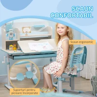 HOMCOM Set Birou și Scaun pentru Copii de la 3 Ani Reglabil, Masă Înclinabilă la 60° cu Sertar și Rafturi, Albastru(m-7)