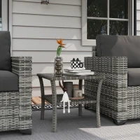 Outsunny Table d'appoint en résine tressée 2 niveaux 50x50x45cm, table basse de jardin carrée plateau en verre trempé, gris(m-2)