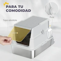 PawHut Arenero para Gatos de Acero Inoxidable XL Cerrado con Tapa Abatible Borde Alto Pala Antifugas Gris Claro(m-7)