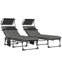 Outsunny Lot de 2 transats pliants avec pare-soleil, chaises longues inclinables avec coussin, poche latérale et poignée de transport, gris foncé(m-12)