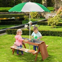 Outsunny Kids Picnic Table with Benches, Wooden Sand and Water Table, Adjustable Parasol, Storage Bins, for Kids 3-6 Years, Brown(m-2)
