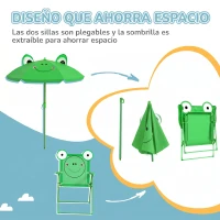 Outsunny Set de Mesa y Sillas Infantil de Jardín Conjunto de Picnic Plegable para Niños Juego de Mesa con Sombrilla Ajustable en Altura de 100-125 cm Diseño de Rana Verde(m-4)