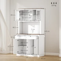 HOMCOM bufetieră înaltă de bucătărie cu 4 dulapuri, 2 sertare și blat central, 100x40x180 cm, alb(m-3)