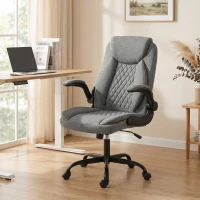 HOMCOM Linen-Look Computer Desk Chair, Executive Office Chair with Flip-Up Armrests and Thick Cushion, Grey(m-9)