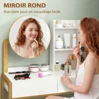 HOMCOM Coiffeuse avec miroir et tabouret, station de charge, table de maquillage avec 2 tiroirs, 3 étagères ouvertes, blanc(m-5)