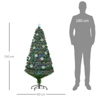 HOMCOM Albero di Natale Artificiale 150cm con Fibre Ottiche e 21 Luci LED, Decorazioni a Forma di Fiocco di Neve, Verde(m-3)