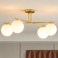 HOMCOM Plafonnier lustre moderne à 4 lumières avec culot E14, montage semi-affleurant, doré et crème(m-11)