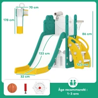AIYAPLAY Toboggan pour tout-petits 5 en 1 toboggan autoportant pour enfant avec panier de basket, télescope, 178x70x86cm, jaune(m-3)