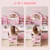 AIYAPLAY Kids Vanity Set, Girls Dressing Table with Stool, 2-Colour Lights Mirror, Cabinet, Drawer and Shelves, Pink(m-7)