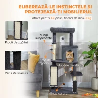 PawHut Ansamblu Multinivel pentru Pisici, 132 cm, cu Căsuță, Culcuș, Stâlpi de Zgâriat, Perie și Minge, Gri Închis(m-5)