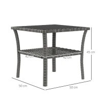 Outsunny Table d'appoint en résine tressée 2 niveaux 50x50x45cm, table basse de jardin carrée plateau en verre trempé, gris(m-3)