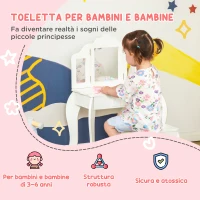 HOMCOM Tavolo da Trucco per Bambini con Sgabello e Triplo Specchio, in Legno e Acrilico, 63x40x85.5 cm, Bianco(m-4)