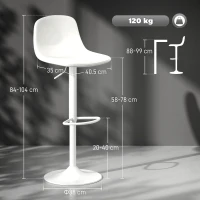 HOMCOM Set 2 Scaune de Bar cu Spătar și Suport pentru Picioare, Înălțime Reglabilă, Piele Ecologică PU, Alb(m-3)