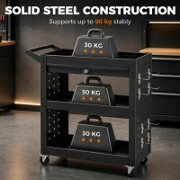 HOMCOM Tool Cart with Lockable Wheels, Rolling Workshop Cart with 3-Tier Trays, Drawer, Pegboards, Black(m-4)