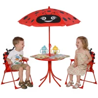 Outsunny Conjunto de Mesa e Cadeira de Jardim Conjunto de Picnic Dobrável para Crianças Conjunto de Mesa com Chapéu de Sol com Altura Ajustável 100-125cm Desenho de Joaninha Vermelho(m-1)