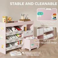 AIYAPLAY Kids Toy Storage Unit with 11 Bins, Cabinet, Top Shelves, 3 Stickers, for Nursery, Playroom, Pink(m-5)