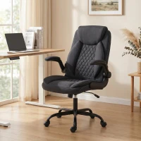 HOMCOM Linen-Look Computer Desk Chair, Executive Office Chair with Flip-Up Armrests and Thick Cushion, Black(m-9)