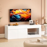 HOMCOM Lowboard TV modern pentru living cu 2 uși, compartiment deschis și mânere, pentru televizoare de până la 152,4 cm, 140 x 40 x 48 cm, Alb(m-6)