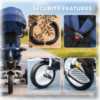 HOMCOM Metal Frame 6 in 1 Baby Push Tricycle with Parent Handle for 1-5 Years Old, Dark Blue(m-8)