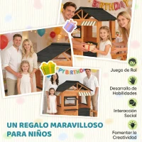 AIYAPLAY Casita Infantil Exterior e Interior de Madera con Cocina de Juguete y Banco de Picnic Ventanas de Servicio Marrón(m-8)