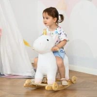 HOMCOM Cavallo a Dondolo per Bambini a Unicorno con Base Curva e Ruote, Cavallo a Dondolo 2 in 1 con Suoni Integrati e Rivestimento Peluche, per Bambini 3-6 Anni, 63x38x63cm, Bianco(m-2)