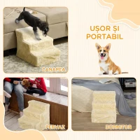 PawHut scară pentru câini cu 3 trepte, pentru câini și pisici de până la 4,5 kg, din catifea detașabilă și lavabilă, bej(m-7)