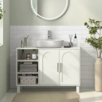 HOMCOM Meuble sous lavabo meuble de salle de bain avec placard à deux niveaux étagères réglables 90l x 30P x 63H cm crème(m-12)