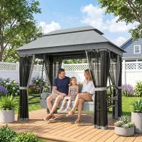 Outsunny 3 Seater Swing Chair 3-in-1 Convertible Garden Swing Seat Bed Gazebo Patio Bench Outdoor with Double Tier Canopy, Cushioned Seat, Mesh Sidewalls, Grey(m-16)