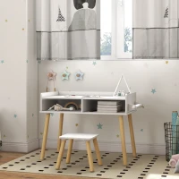 HOMCOM  Set Tavolino per Bambini con Sgabello, Banchetto con Piano Reversibile e Rotolo di Carta, Bianco(m-10)