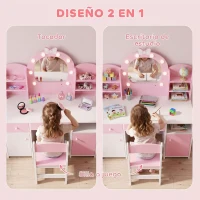 AIYAPLAY Tocador de Maquillaje Niña con Espejo de LED de 2 Colores Taburete 2 Armarios Cajón Estantes Compartimento Rosa(m-7)
