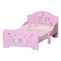 HOMCOM Cama para Niños de +3 Años 143x73x60 cm Cama Infantil de Madera con Estampado de Estrellas, Corazones y Castillo Carga 50 kg para Dormitorio Rosa(m-12)