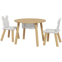 AIYAPLAY Set con Tavolo e 2 Sedie per Bambini con Schienale a Orsetto, Tavolino con Vano Contenitore, Color Legno(m-21)