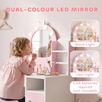 AIYAPLAY Kids Vanity Set, Girls Dressing Table with Stool, 2-Colour Lights Mirror, Cabinet, Drawer and Shelves, Pink(m-4)