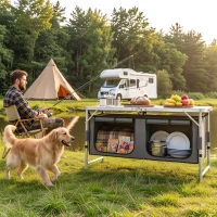 Outsunny 4ft Folding Camping Cupboard Kitchen, Height Adjustable Aluminium Camping Table with Storage, Lightweight Picnic Table for Outdoor Garden BBQ Party(m-9)