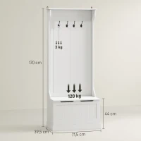 HOMCOM Meuble d'entrée 4 en 1, vestiaire d'entrée avec banc de rangement et 4 crochets doubles, 71,5 x 39,5 x 170 cm, blanc(m-3)