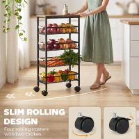 HOMCOM Metal Kitchen Trolley, 4-Tier Storage Trolley with Pull-Out Baskets and 4 Swivel Casters for Kitchen, Rustic Brown(m-4)