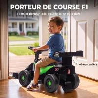 AIYAPLAY Porteur enfants voiture F1, véhicule à pousser avec volant musical, roues silencieuses et coffre, 18-36 mois, vert(m-4)
