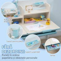 HOMCOM Set Birou și Scaun pentru Copii de la 3 Ani Reglabil, Masă Înclinabilă la 60° cu Sertar și Rafturi, Albastru(m-6)