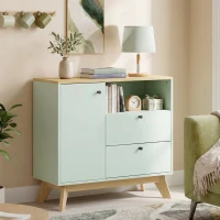 HOMCOM Buffet salon, meuble de rangement avec porte, 2 tiroirs, compartiment ouvert et étagère réglable, vert clair et chêne(m-10)