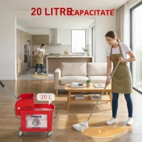 HOMCOM Găleată de mop cu stoarcător, panou separator și roți, capacitate 20 L pentru curățenie casnică 45x26,5x70 cm roșu(m-8)